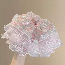 1pc Mint Summer~Summer Mesh Double Layer Lace Pearl Scrunchie Women's Ethereal Floral Travel Hair Accessory Ponytail Hair Ties Elastics Rubber Bands - Multicolor - View 3