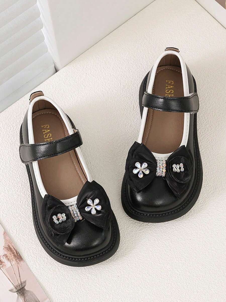 Soft Breathable Little Girls' Daily Shoes, Decorated With Lace Bows And Rhinestones - Black - View 1