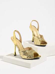 Women's Gold Fan-Shaped Beaded Sequin Round Toe Open Toe Asymmetric Water Drop Heel Sandals, Mule Shoes, Stiletto Heels, Bridal Shoes, High Heel - Gold - View 9