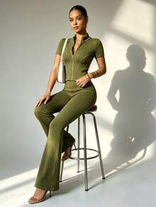 Women's Yoga Set: Short-Sleeve Zip-Up Jacket And High-Waisted Flare Pants - Breathable, 4-Way Stretch, Suitable For Yoga, Pilates, And Gym Workouts (Available In Various Colors And Sizes) Black Summer Sports - 軍綠色 - 查看 1