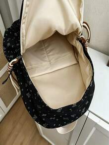 Women's Backpack | Corduroy Bow & Heart Print Casual Daily Bag, Drawstring Pocket Design Multifunctional Backpack, Suitable For Daily School Travel All Seasons - Black - View 6