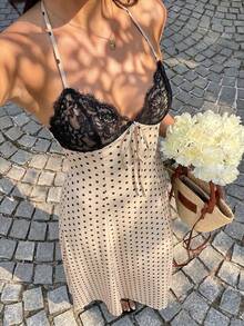 Women's Navy Blue Polka Dot Maxi Dress, V-Neck Halter Backless Lace Trim, Fitted Waist, Elegant For Summer Holidays, Wedding Guest And Everyday Wear - 米色 - 查看 1