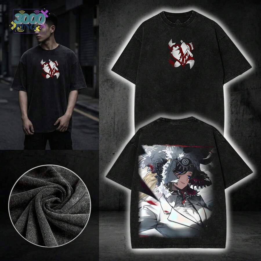 Rodion Limbus Company Graphic Hoodie, Project Moon Anime Game Hoodie. Vintage Style T-Shirt With Acid Wash Effect, Inspired By 90s Streetwear. - 黑色 - 查看 1