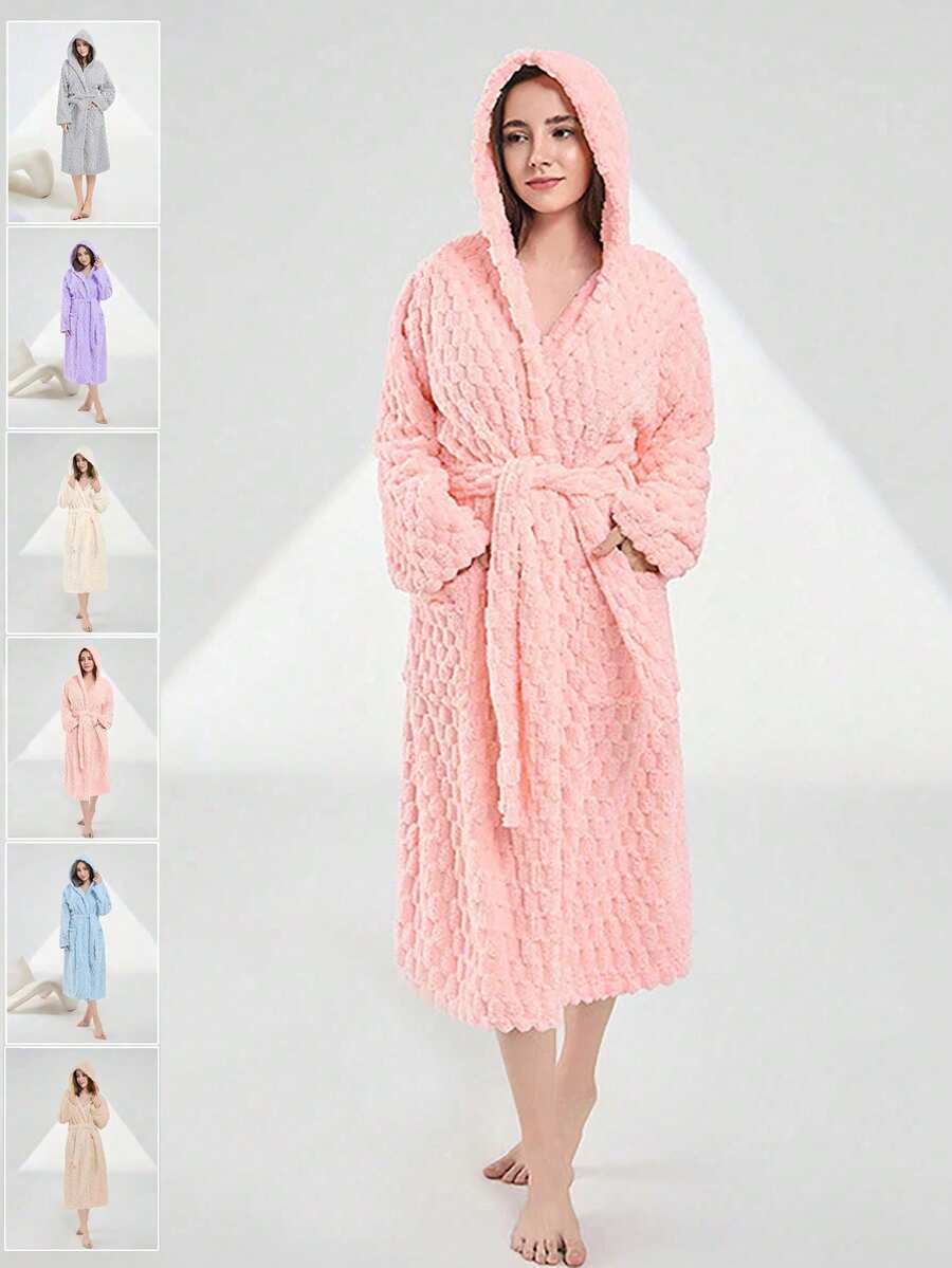 1件女款純色長款浴袍，毛絨柔軟吸水快乾，舒適透氣，可穿式浴巾，適用於居家/SPA/飯店/休閒，四季通用，浴室裝飾