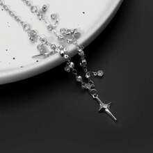 1pc Rhinestone Four-Pointed Star Pendant Necklace, Niche Design Collarbone Chain, Light Luxury High-End Versatile Jewelry For Women - Silver Four-pointed Star Necklace - View 2