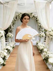 1/3/9/15pcs Customized White Bow Ribbon Multi-Piece Party Favors, Customized Wedding Hand Fans, White Folding Elegant Paper Fans, Bridal Wedding Gifts, Green Ribbon Accessories, Fashionable And Easy To Use, Free Customization Of Any Text - Multicolor - View 4