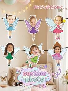 Custom Photo Fairy Cutout Bunting, Winged Elf Cartoon Portrait Banner, No Custom Text, 8/16/24PCS Options, Girl Birthday & Playroom Hanging Decor - Multicolor - View 1