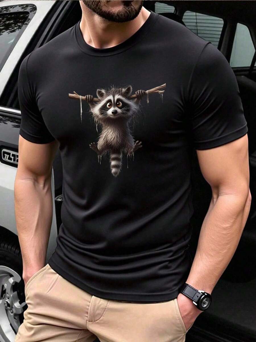 [New Products]Summer Men's Comfortable Breathable Round Neck Short Sleeve Solid Color Versatile Daily Casual T Shirt With Cute Hanging Raccoon Print - 黑色 - 查看 1
