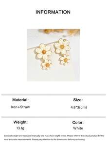 OOQ 1 Pair Summer Vacation Bohemian Style Handmade Woven Rattan Colorful Flower Raffia Earrings, Niche Design Minimalist Premium Ins Style Floral Tassel Earrings Suitable For Women's Daily, Vacation, Party Wear (Handmade Woven With Random Directional Texture) - White - View 6