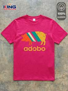 King T-shirt Camiseta de Hombre 100% algodón de excelente calidad, esta playera garantiza una suavidad excepcional al tacto, cuello redondo estampado "Adobo Cerdito Silueta Retro con Franjas" manga corta - Rosa Fucsia - Ver 2