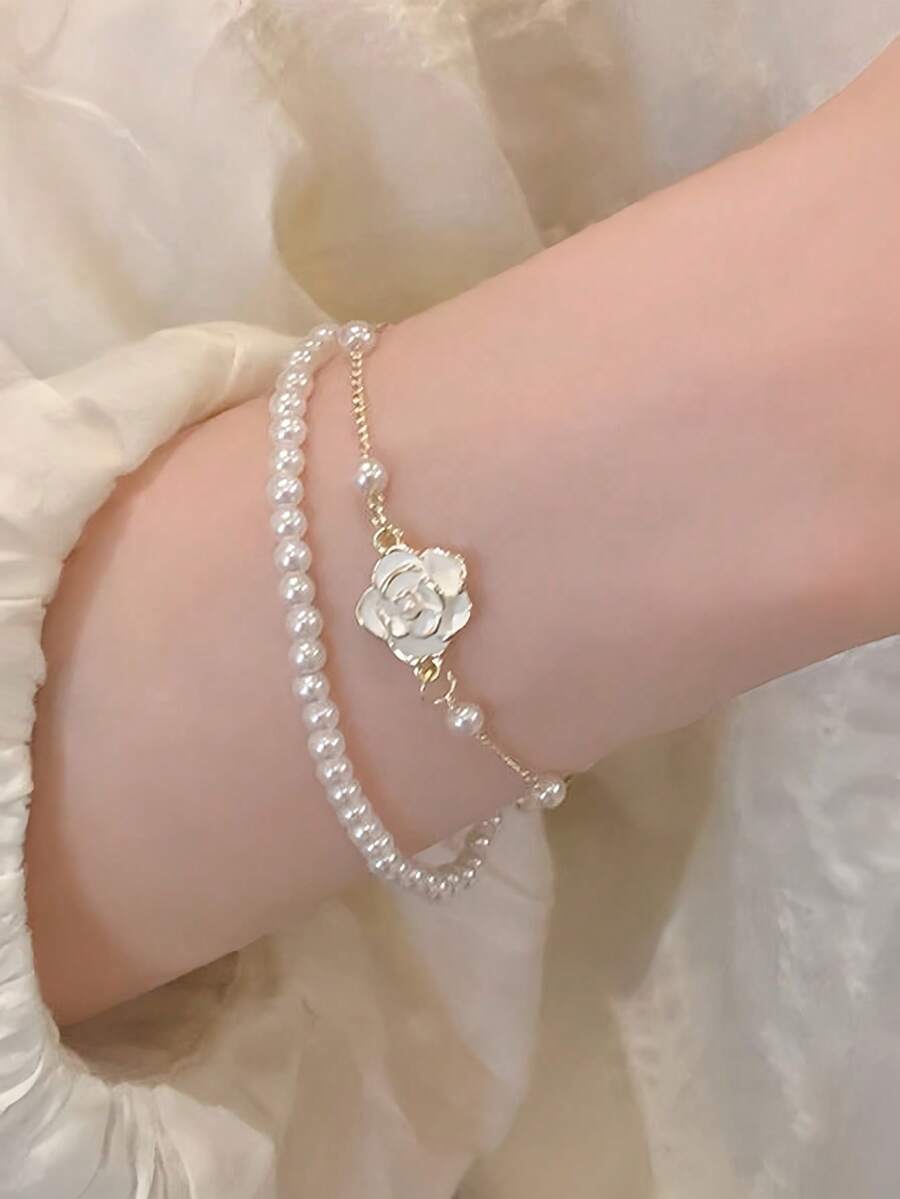 1件裝玫瑰花珍珠雙層女款手鍊,適合搭配洋裝、日常配戴,送給朋友的禮物 - 金色 - 查看 1