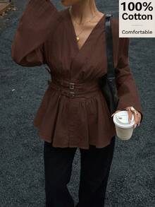 Camisa de manga larga con cintura ceñida, doble botonadura y doble cinturón, suave y amigable con la piel, color albaricoque, adecuada para el trabajo y las vacaciones - Café integral - Ver 1