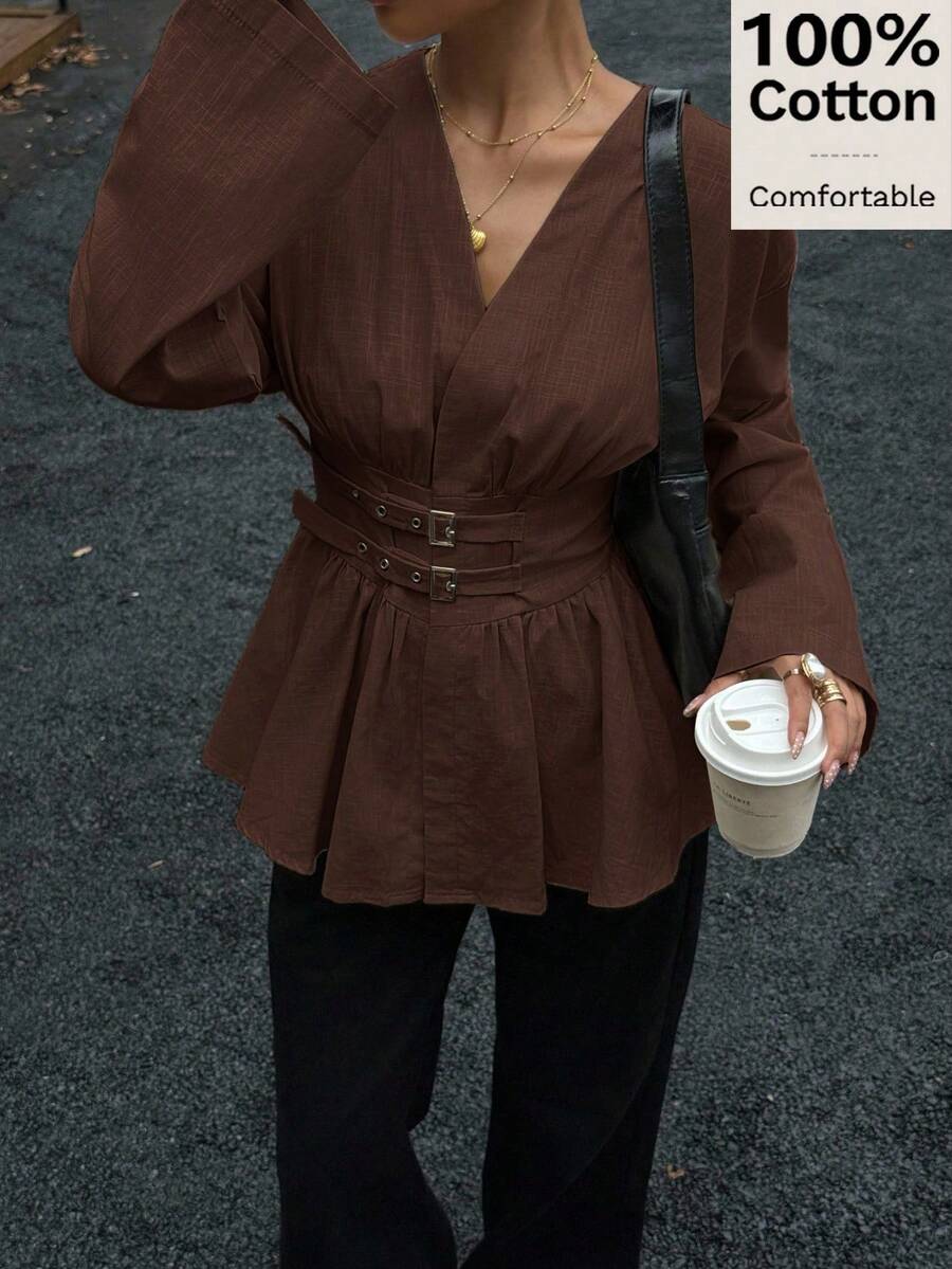 Camisa de manga larga con cintura ceñida, doble botonadura y doble cinturón, suave y amigable con la piel, color albaricoque, adecuada para el trabajo y las vacaciones - Café integral - Ver 1