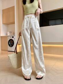Women's New Chinese Style Jacquard Wide Leg Pants, High Waist Button Decor Straight Leg Trousers, Elegant Casual Black Pants - Apricot - View 4