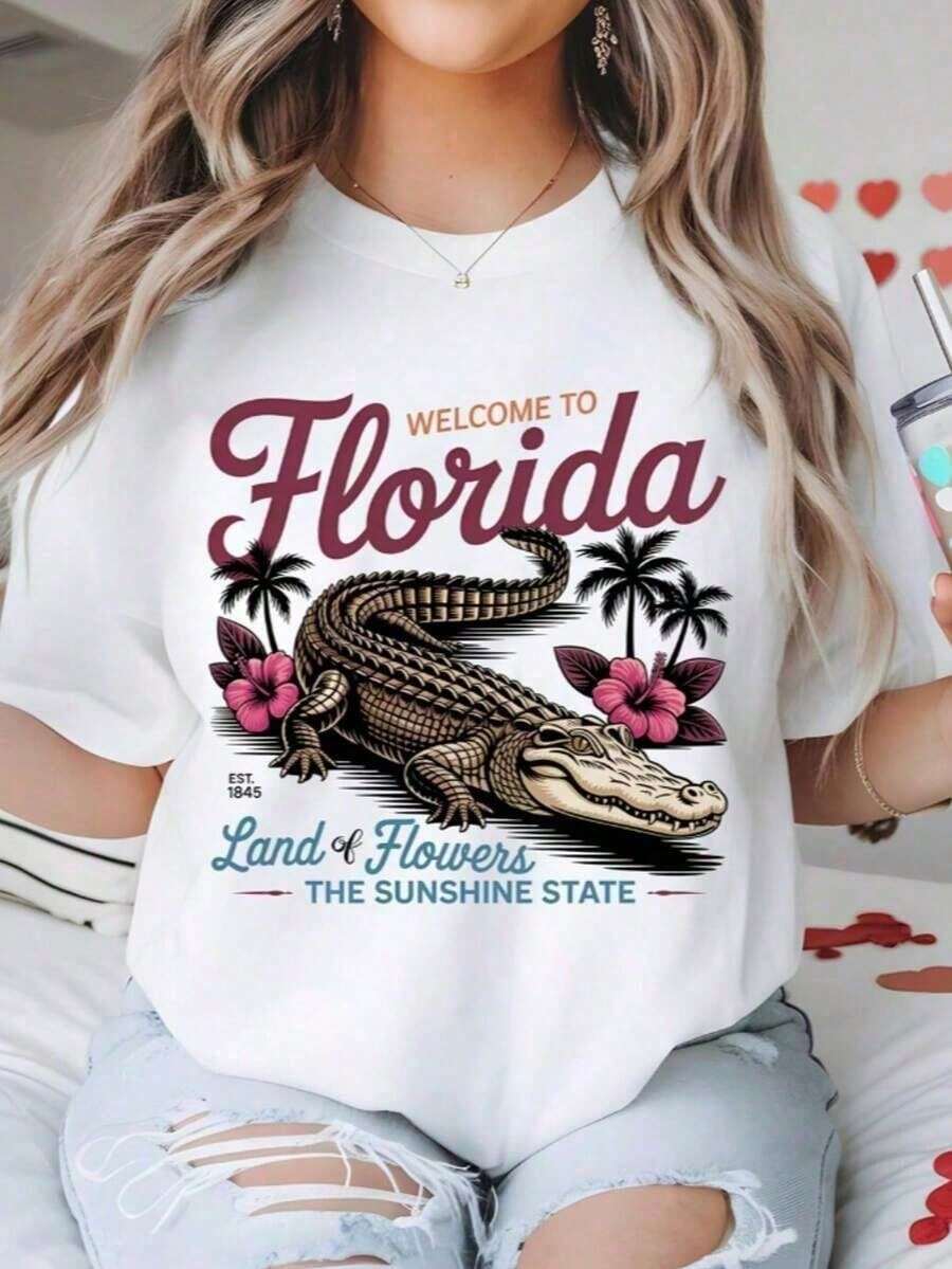 Women's T-Shirt With Florida Crocodile And Hibiscus Graphic, Vintage Tropical Casual Crew Neck, Short Sleeve Blouse For Summer, Everyday Wear And Vacation - 白色007 - 查看 1