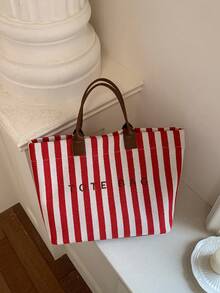 Nuevo bolso de mano con decoración de letras y rayas de gran capacidad, bolso tote multifuncional para el trabajo con asas dobles para mujeres, adecuado para ir al trabajo, vacaciones en la playa - Rojo - Ver 7