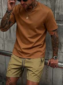 Summer Men's Solid Color Short Sleeve T-Shirt + Solid Color Shorts 2-Piece Set Casual Sports Outfit With Zipper Pocket + Drawstring - Multicolor - View 2