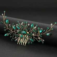 Green Bridal Updo Hair Accessory Handmade Vintage Wedding Hair Comb Rhinestone Hair Pin - Green - View 3