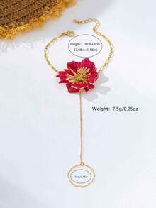 1pc Vintage Red Peony One-Piece Bracelet Ring Chain Enamel Flower Hand Jewelry Fashion Unique Design Bracelet For Women Daily Wear - Hot Pink - View 2
