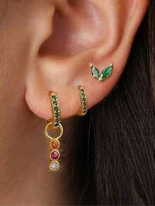 3pcs/Set Pendientes de acero inoxidable chapados en oro de 18K con forma de gota de agua triangular y circonita cúbica, regalo de joyería de moda creativa para fiestas de mujeres - Juego de pendientes de 3 piezas. - Ver 2