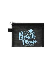 印有彩色「Beach_please」文字、椰子樹與海鷗圖案的沙灘網袋，沙灘主題 - 便攜式化妝包，大容量透明化妝包，可收納口紅與氣墊粉撲，海岸風格。輕巧易攜，耐用，夏威夷風格網狀化妝包，適合沙灘度假、夏季旅行、游泳、購物、健身、母親節、情人節、教師節、畢業季、開學季、齋月、女性旅行、短途旅行 - 彩色 - 查看 12