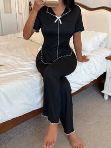 女款蝴蝶結領短袖長褲四件式睡衣套裝，居家服裝，適合春夏秋季，亦適用於戶外穿著 - 黑色 - 查看 5
