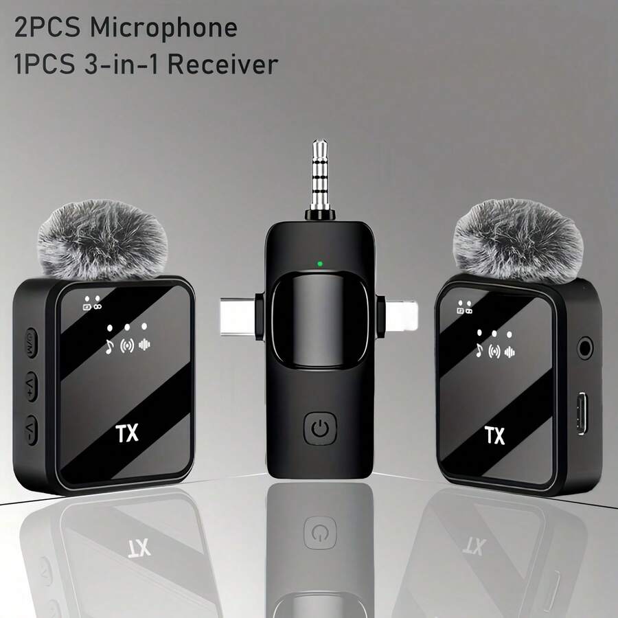 ACHAVE 3 In 1 Microphone For IPhone/Android/Camera, Wireless Microphones, 328ft Transmission, 18H Battery Life, Mini Microphone For Record Interview, Vlogs, Tiktk - 查看 1