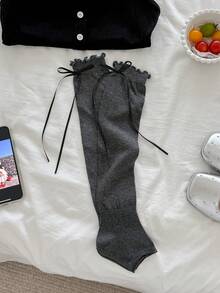 1 Pair Women's Thin Breathable Solid Color Cute Bow Knot Ruffle Edge Long Tube Socks Leg Warmers For Spring And Summer - Multicolor - View 15