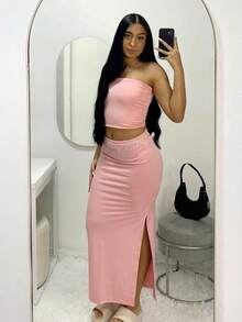 Gringa Set: Long Skirt And Strapless Cropped Top - Rusty Rose - View 3