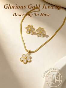 3pcs/1set, Stainless Steel Vintage Elegant Casual Six-Petal Flower Pendant Necklace And Earrings Set, Suitable For Women And Girls, Can Be Used As Mother's Gift, Christmas, Thanksgiving, Halloween, Wedding, Carnival Party/Ball/Gathering/Daily/Beach Accessory, Anniversary, Valentine's Day, Bohemian Style Jewelry, Birthday, Bridesmaid Gift. - Jewelry Set - View 2