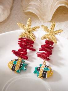 Brincos de Estrela do Mar, Coral e Peixinhos Pequenos Brisa do Oceano - Estilo de Praia Versátil, Acessórios de Orelha de Alta Qualidade para Mulheres - Multicolorido - Visão 2