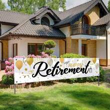 Striscione per il pensionamento felice nero e oro con palloncini scintillanti, design con fotocamera e viaggio, cartello da cortile 185 * 40cm in fibra di poliestere, superficie per decorazione sfondo festa di pensionamento per esterno e interno con fibbia in metallo, forniture per festa di celebrazione del pensionamento - Visualizzare 1