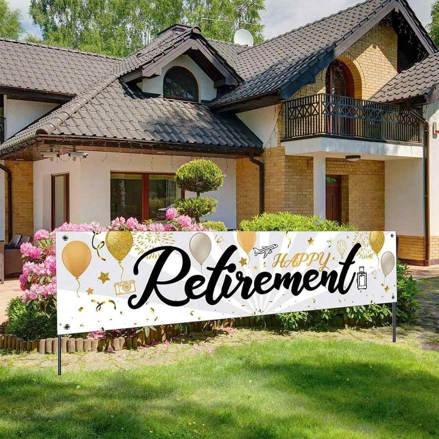 Striscione per il pensionamento felice nero e oro con palloncini scintillanti, design con fotocamera e viaggio, cartello da cortile 185 * 40cm in fibra di poliestere, superficie per decorazione sfondo festa di pensionamento per esterno e interno con fibbia in metallo, forniture per festa di celebrazione del pensionamento - Visualizzare 1