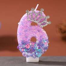 1pc Glitter Crown Number Birthday Candle 0-9, Purple Sequin Cake Topper Decoration, Sparkle Rhinestone Tiara Candle For Birthday Party & Anniversary Celebration, DIY Cake Decor Party Supplies - Purple - View 7