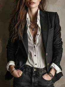 Blazer Hitam Vintage Baru untuk Wanita, Desain Bahu dan Pinggang Terstruktur, Berlapisan untuk Musim Gugur - Hitam - View 8