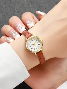 女款皮革錶帶優雅時尚極簡小錶盤石英手錶 (1件/組) 不含錶盒 - 棕色 - 查看 2