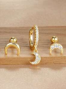 3pcs/Set Boucles d'oreilles pendentif étoile & lune plaquées or 18K, style femme, incrustées de zirconium cubique, boucles d'oreilles à tige en cuivre et acier inoxydable, boucles d'oreilles à vis, bijoux de perçage du cartilage - Ensemble de boucles d'oreilles 3 pièces - Voir 6
