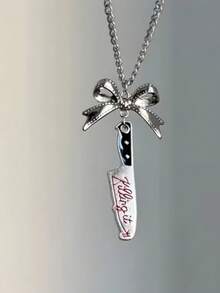 1pc Dark Gothic Punk Bow-Shaped Faux Short Blade & Sharp Knife Faux Tool Pendant, Suitable For Women's Y2k Party Jewelry Necklace - Silver - View 12
