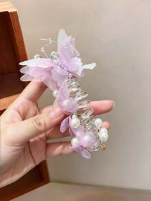 1件女童蝴蝶花朵裝飾繩髮圈，珍珠與水鑽螺旋馬尾髮圈，時尚女童髮飾 - 彩色 - 查看 6