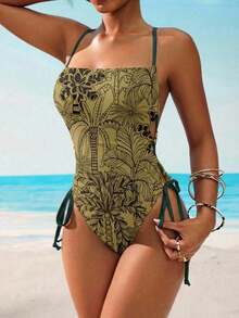 Swim Lushoire Bañador una pieza con estampado tropical con nudo de cordón lado - Verde Oliva - Ver 1
