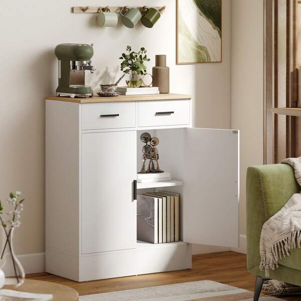 Sideboard Storage Cabinet, 2-Drawer, Adjustable Shelves, Particle Board Cabinet, For Kitchen Living Room Dining Room, White + Natural Wood, 68.6 X 35 X 90.3 Cm