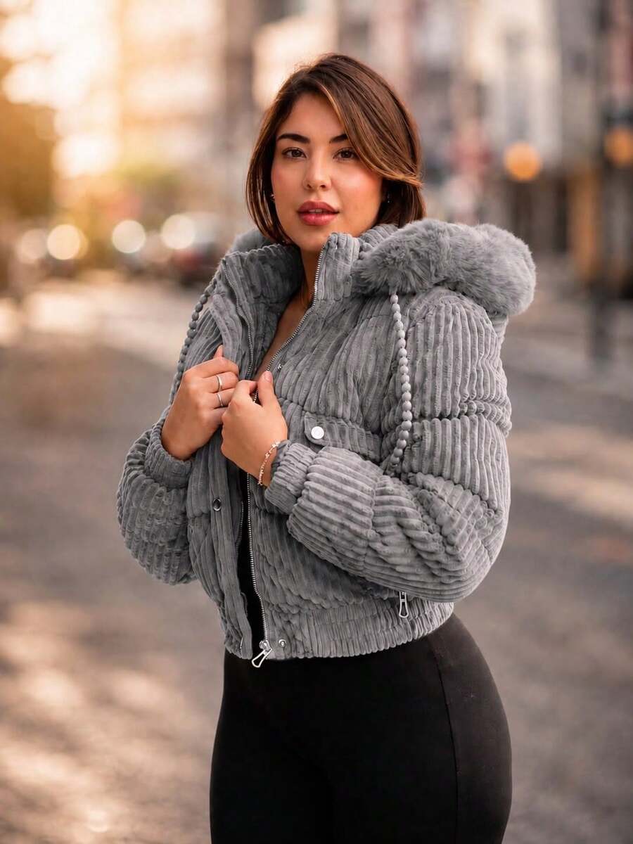 PUFF JACKET - WARM AND LINED WINTER JACKET - COAT - WOMEN'S COLD WEATHER BLOUSE FOR PARTIES - Light Grey - View 1