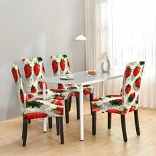 Universal Size Strawberry Print Stretch Chair Covers, Packs(1/2/4/6/8Pcs), Two Designs: Full Strawberry & Red Gingham Strawberry, High Elastic Full Wrap Washable, 2D Printed, Easy Install For Kitchen, Party Decor & Gifts. - Multicolor - View 7