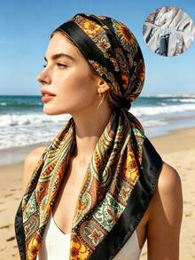 1pc Paisley Cashew Print Satin Bandana Headscarf, Elastic Slouchy Headwrap Scarf, Trimmed Women's Headscarf, Convenient Headwrap Hat Jewelry Accessories - Black - View 2