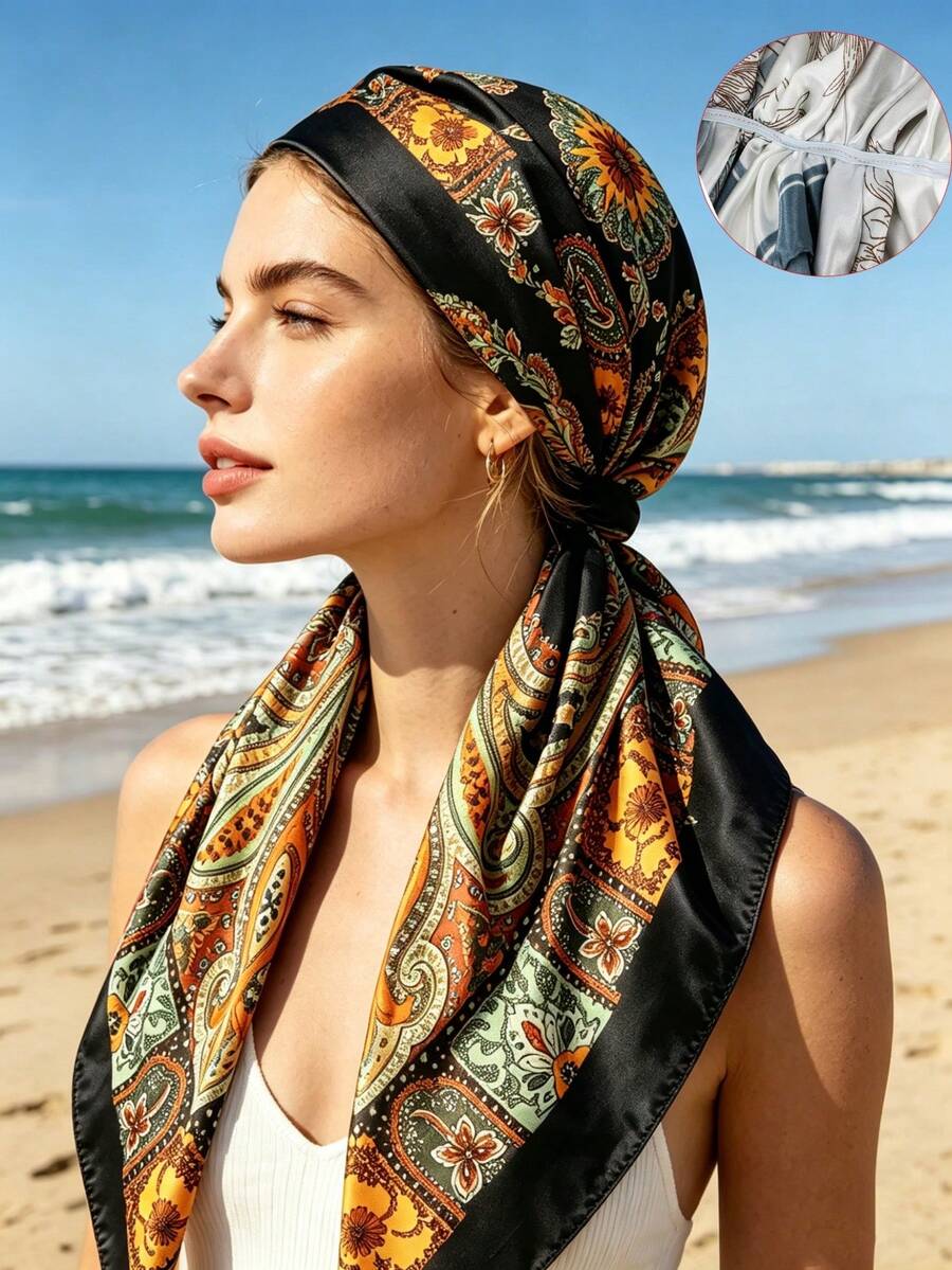 1pc Paisley Cashew Print Satin Bandana Headscarf, Elastic Slouchy Headwrap Scarf, Trimmed Women's Headscarf, Convenient Headwrap Hat Jewelry Accessories