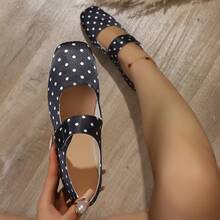 Women's Soft Sole Comfortable Versatile Hook And Loop Design Black And White Polka Dot Print Square Toe Low Vamp Flat Mary Jane Shoes Retro French Commute Daily All Seasons Black Polyester Satin Casual Shoes - Black - View 7