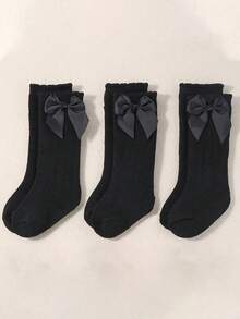 1雙女嬰蝴蝶裝飾中筒襪，適合日常穿著與返校季，舒適加厚保暖透氣面料，女嬰公主襪 - 黑色 - 查看 5