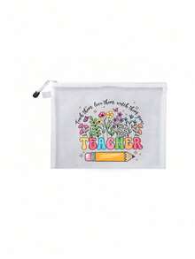 Colorful Floral "Teacher" Design Teacher-Themed Mesh Makeup Bag - Zippered Travel Organizer Bag For Cosmetics, Multi-Purpose Makeup Bag, Organizer Bag, Portable Makeup Storage Bag, Jewelry Accessories, Perfect For Back To School, Birthday, Holiday, Teacher's Day And Other Teacher Gifts, Creative Teacher Gift - Multicolor - View 12