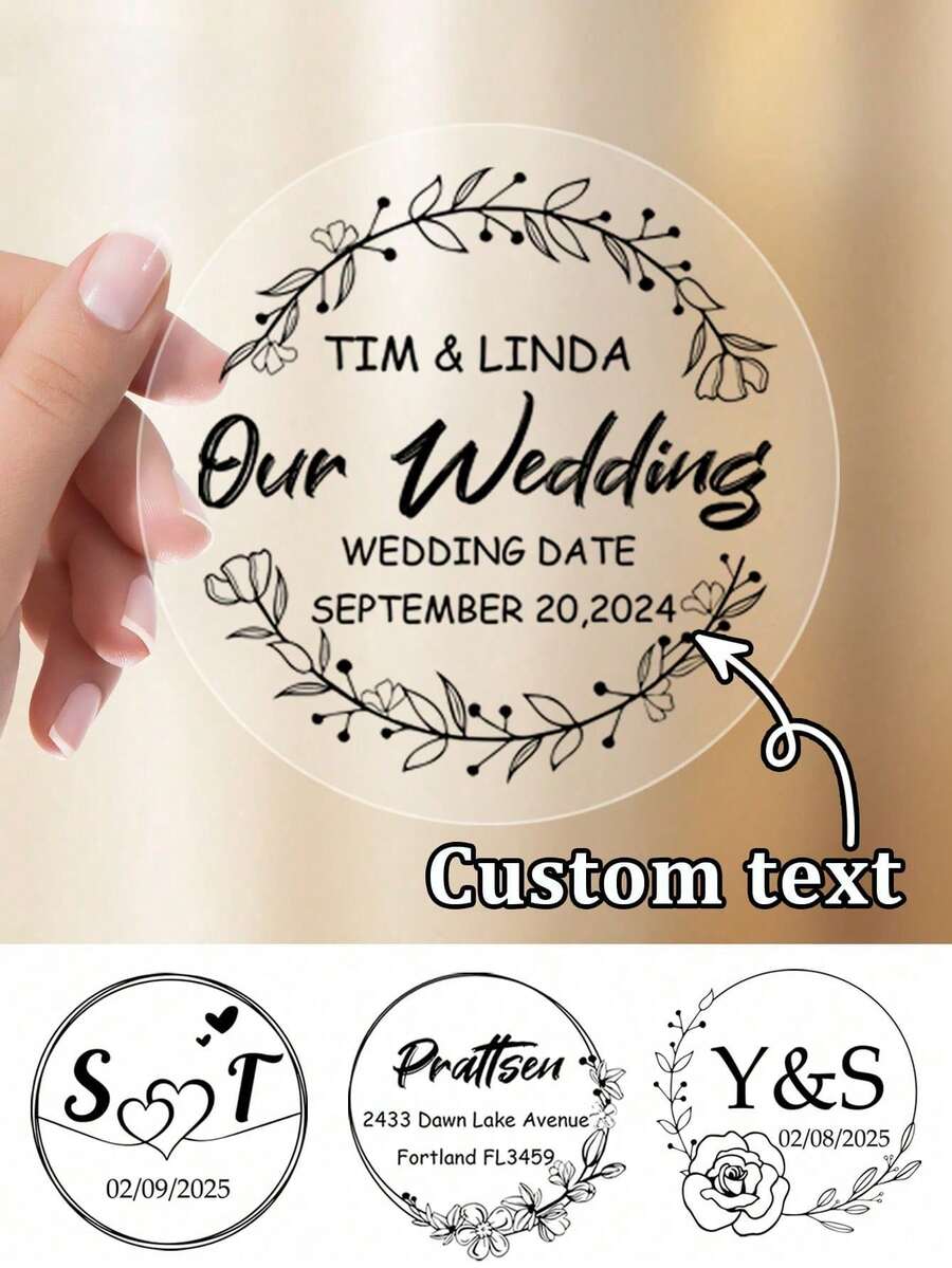 54pcs Custom Wedding Stickers, Personalized Labels - Customizable Text And Dates, Waterproof Stickers, Personalized Clear Labels, Custom Clear Round Stickers, Perfect For Invitations And Favors, Custom Label Stickers.