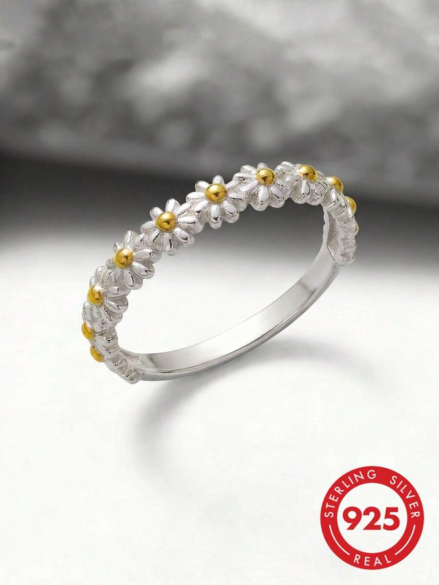 1 buah Cincin Bunga Daisy Perak Sterling 925, Hadiah Perhiasan Elegan untuk Wanita, Cocok untuk Pemakaian Sehari-hari dan Pesta - Cincin bunga aster - View 1